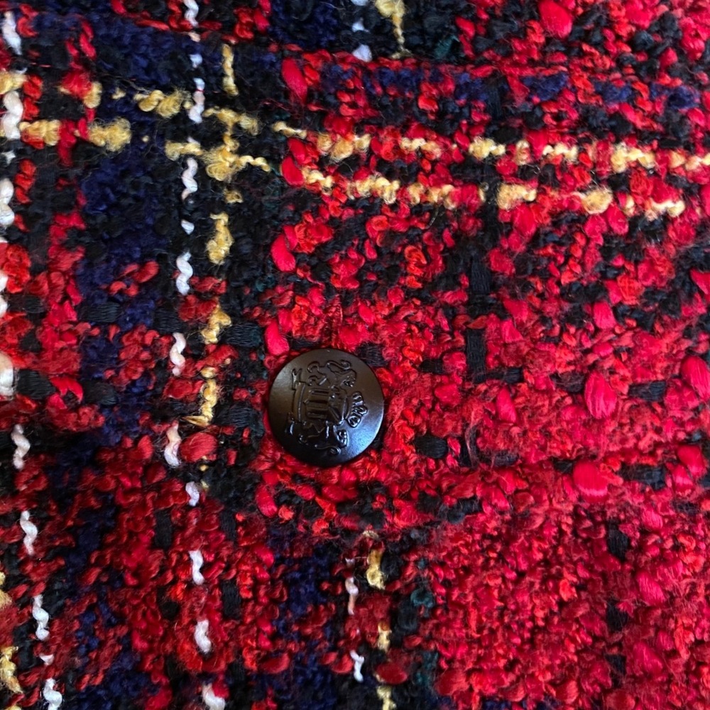 ZARA Plaid Tweed Jacket Red Black Fringe Shacket Textured Bright Boucle - Picture 4 of 9